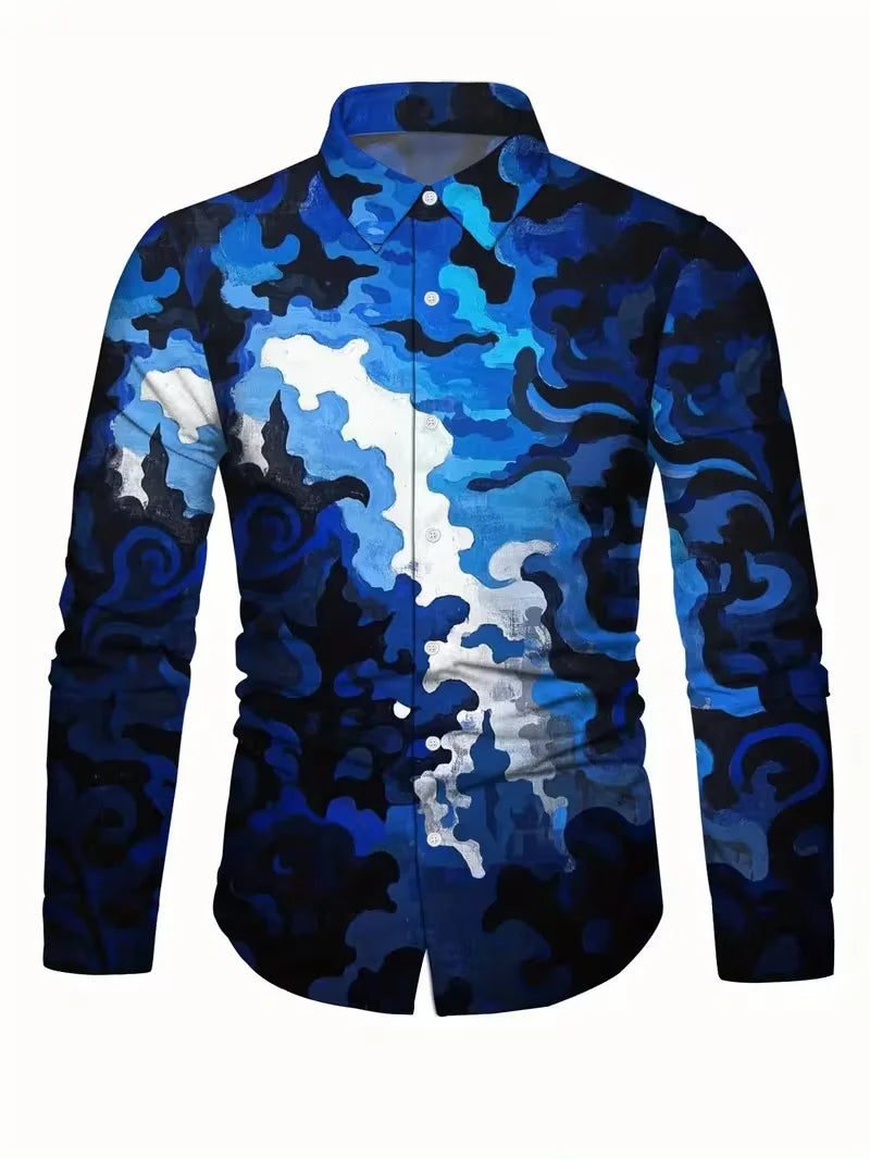 Showlu men's casual long sleeve shirt with 3D striped flower print silk fabric, stylish and comfortable for everyday wear.