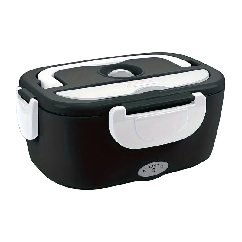 Black electric lunch box with stainless steel container, 2-in-1 food heater for car, truck, or office use, available in multiple voltage options.