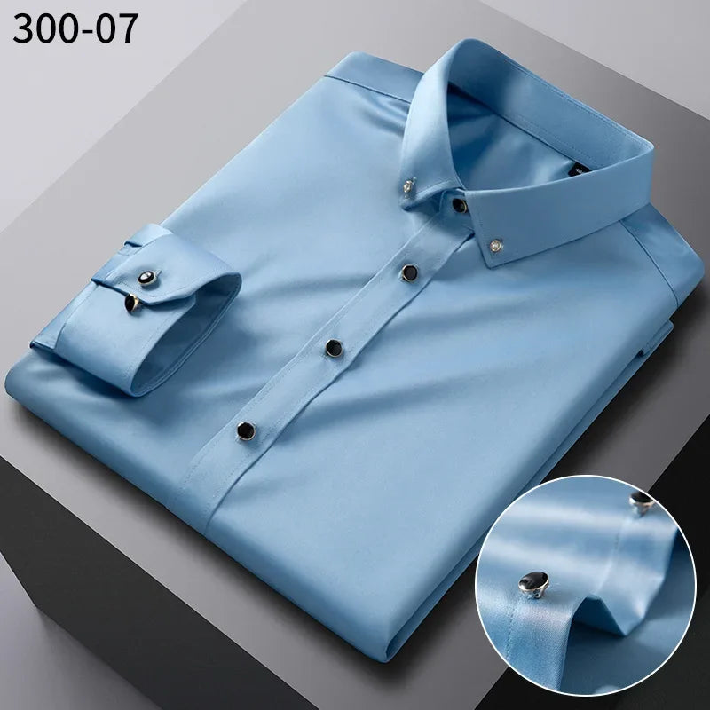 Men's long sleeve silk shirt by Showlu Fashion with diamond buttons, soft, anti-wrinkle, stretch, and formal business style.