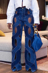 Women's Cut Out Denim Jeans Plus Size High Waist Y2K Fashion Sexy Vintage Casual Spring Fashion Straight Leg Denim Pants Jeans SHOWLU FASHION STORE