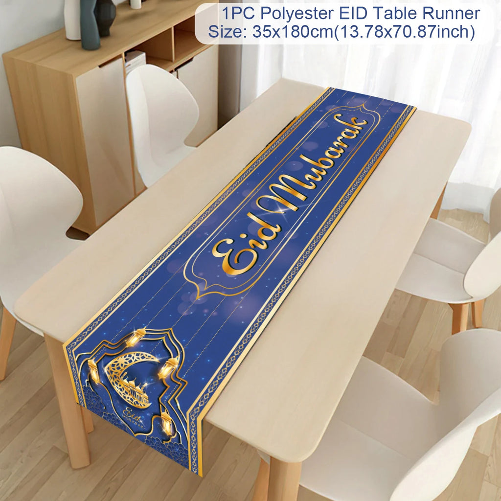 Ramadan decoration table runner with Eid Mubarak design, ideal for Islamic home tables and Eid al-Fitr celebrations.