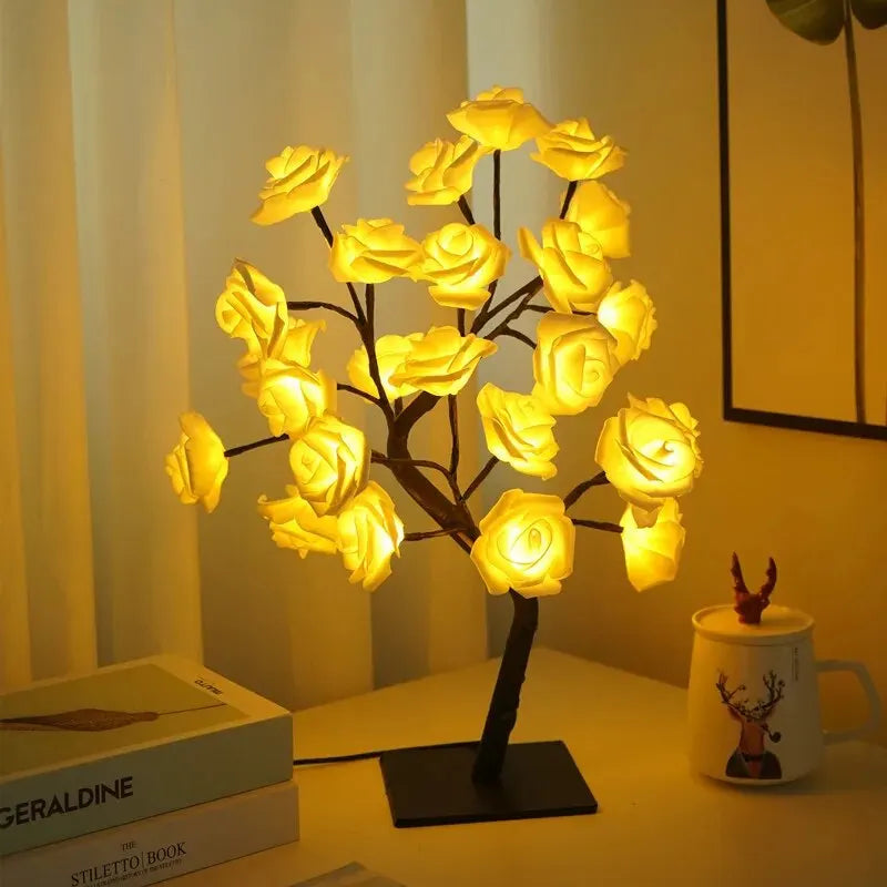 USB-powered LED rose tree lamp with illuminated flower design, ideal as night light decor for cozy indoor spaces.