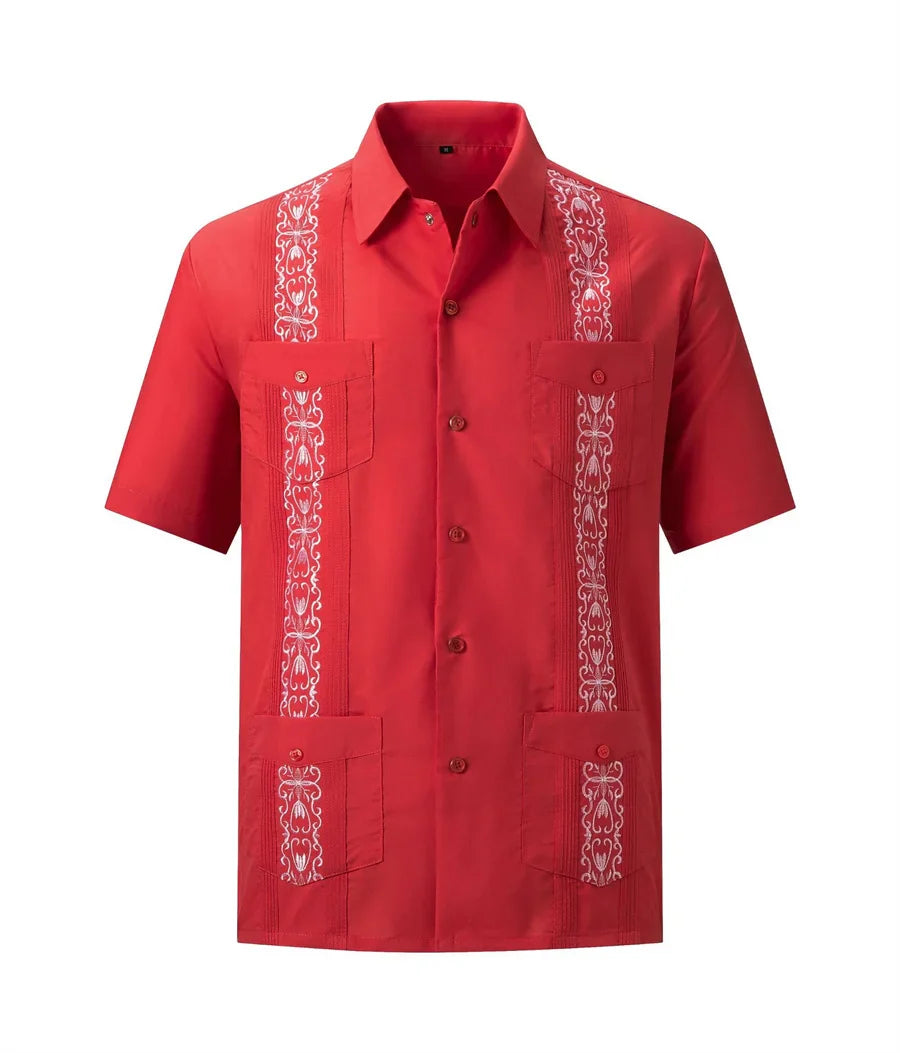 Men's white Guayabera shirt by Showlu Fashion with embroidered Cuban style, featuring traditional button details and lightweight fabric.