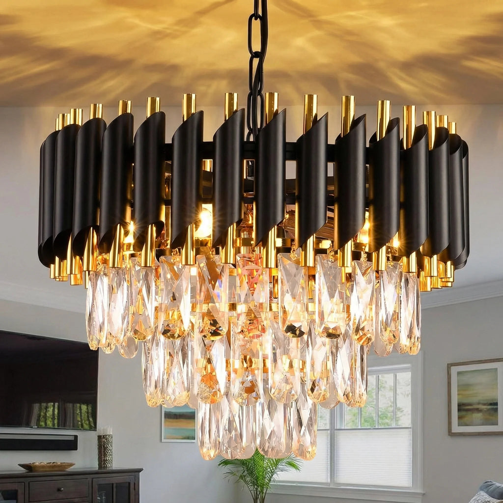 Modern black and gold crystal chandelier with LED ceiling light, featuring intricate crystal details and elegant design.