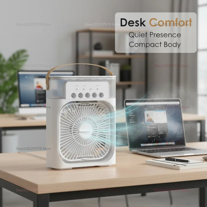 Showlu Smart General portable USB air cooler fan with misting function, LED lights, compact desktop cooling fan with 3-speed settings