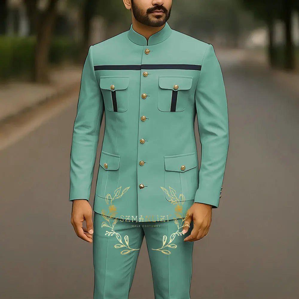 Elegant white men's business suit with stand collar jacket and matching pants, ideal for weddings and formal occasions.