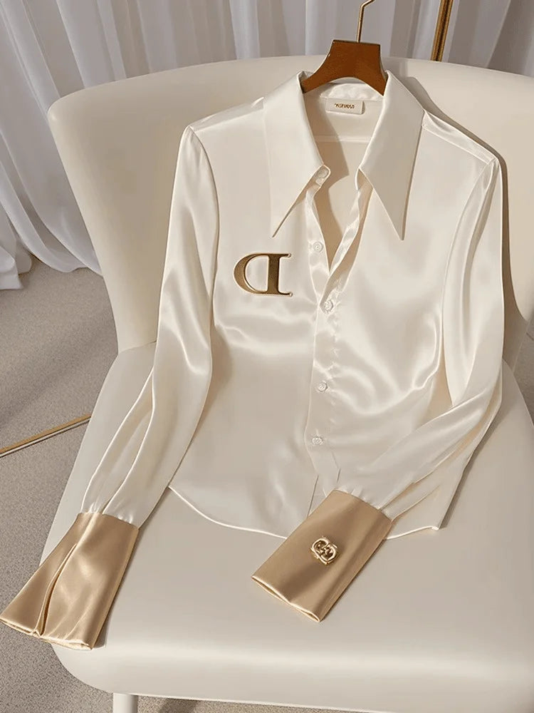 White satin blouse for women by SHOWLU FASHION STORE, slim fit long sleeve office shirt with elegant design