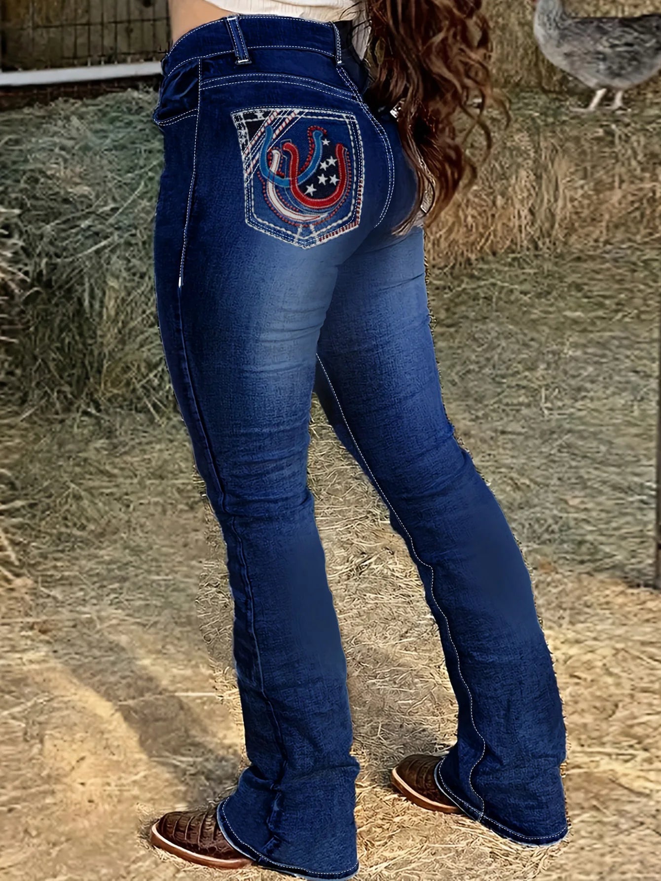 Plus-size high-waist dark blue embroidered flared jeans with horsehoe-shaped American flag embroidery by Showlu Fashion Store