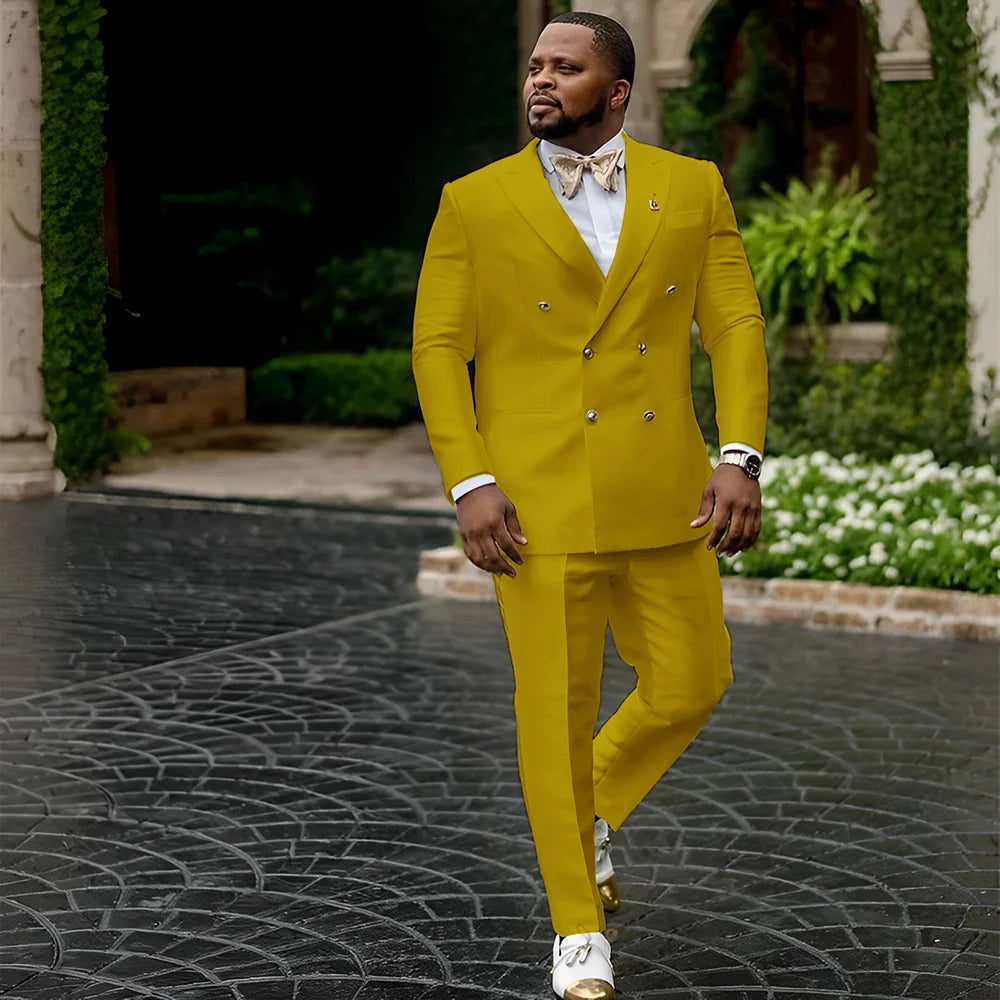 Showlu Men's white satin tuxedo with double-breasted jacket and matching trousers, formal wedding suit for men.