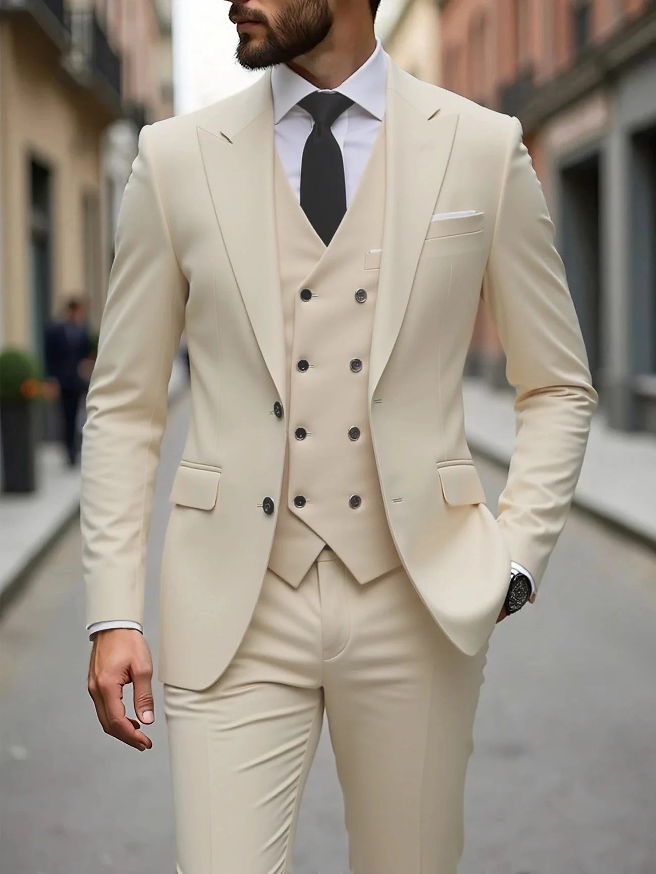 Classic men's slim fit wedding tuxedo suit with jacket, vest, and pants, ideal for grooms and formal occasions.