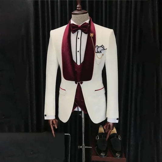 Floral Jacquard Men's Suit For Wedding Groom Tuxedo Stand Collar Formal Party Male Dress Blazer Pants Vest 3 Piece Costume Homme SHOWLU FASHION STORE
