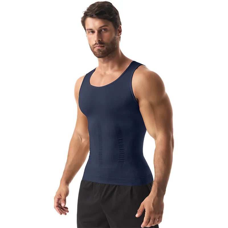 Men compression vest by Showlu Fashion, sleeveless shapewear tank top with tummy control and slimming fit for gym workouts.