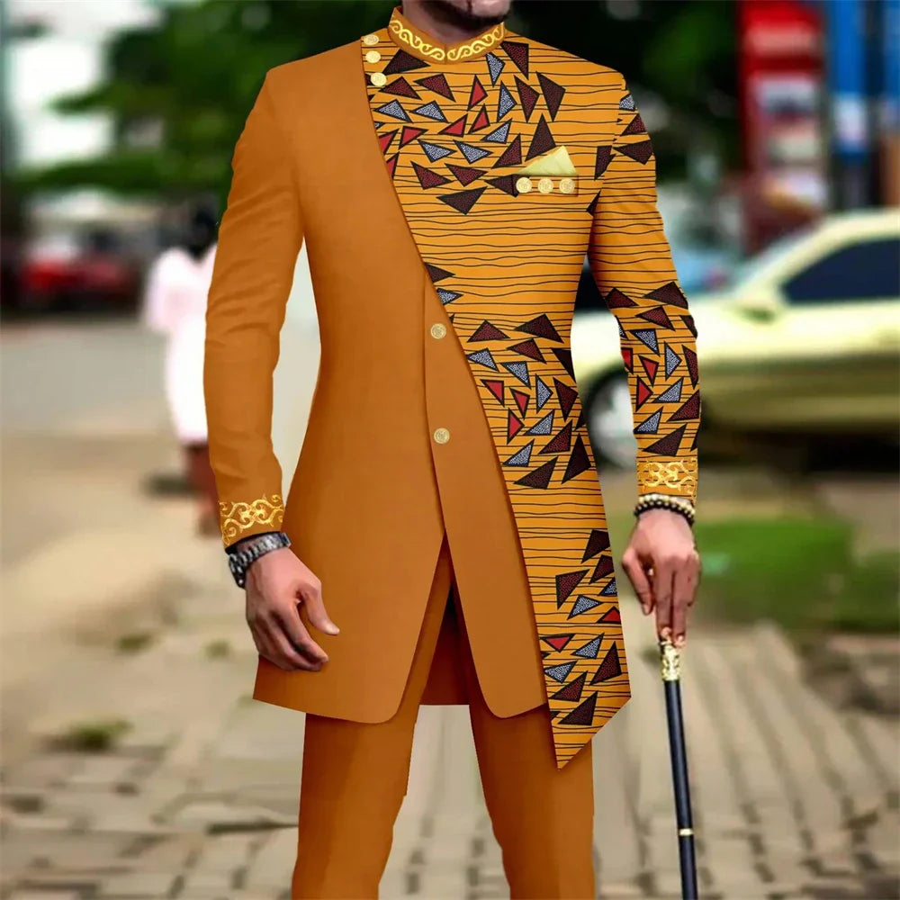 SHOWLU Men's African embroidery print suit, 2-piece slim fit wedding set featuring intricate embroidery and tailored design.