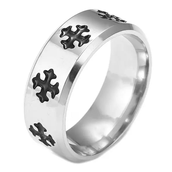 Mango Sky Titanium Steel Christian Cross Bible Ring, 8mm unisex band with engraved Christian cross design.