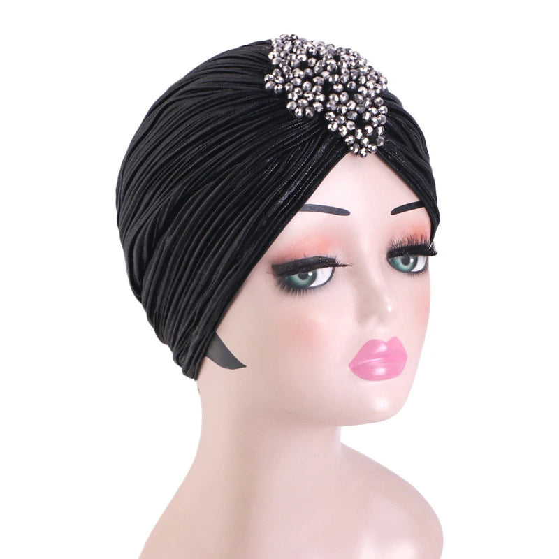 Indian Women Chemo Cap Muslim Diamonds Hijab Pleated Turban Wrap Headscarf Beanies Hair Loss Bonnet Hat Femme Turbante Mujer New SHOWLU FASHION STORE