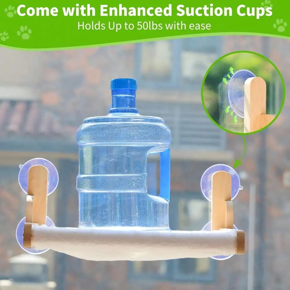 Showlu Wooden Cat Window Perch with cozy faux fur hammock and suction cups, perfect for comfortable feline lounging.