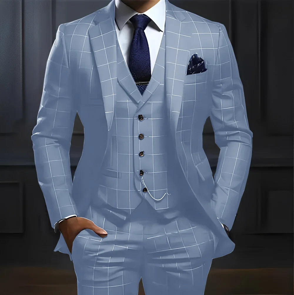 Showlu Men's 3-Piece Plaid Suit with slim fit, formal wedding tuxedo, featuring a plaid jacket, vest, and matching trousers.