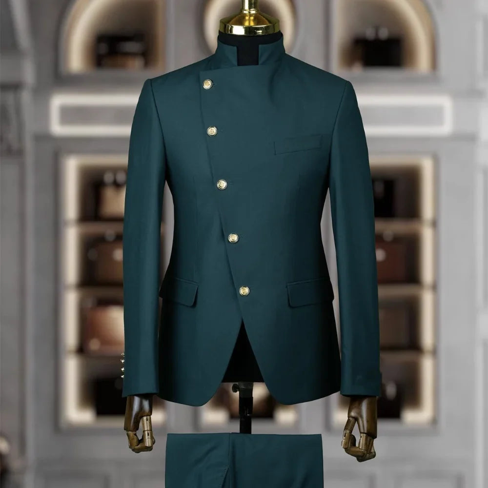 Slim fit men's cotton wedding tuxedo suit with stand collar, shown in navy blue, includes jacket and matching trousers.