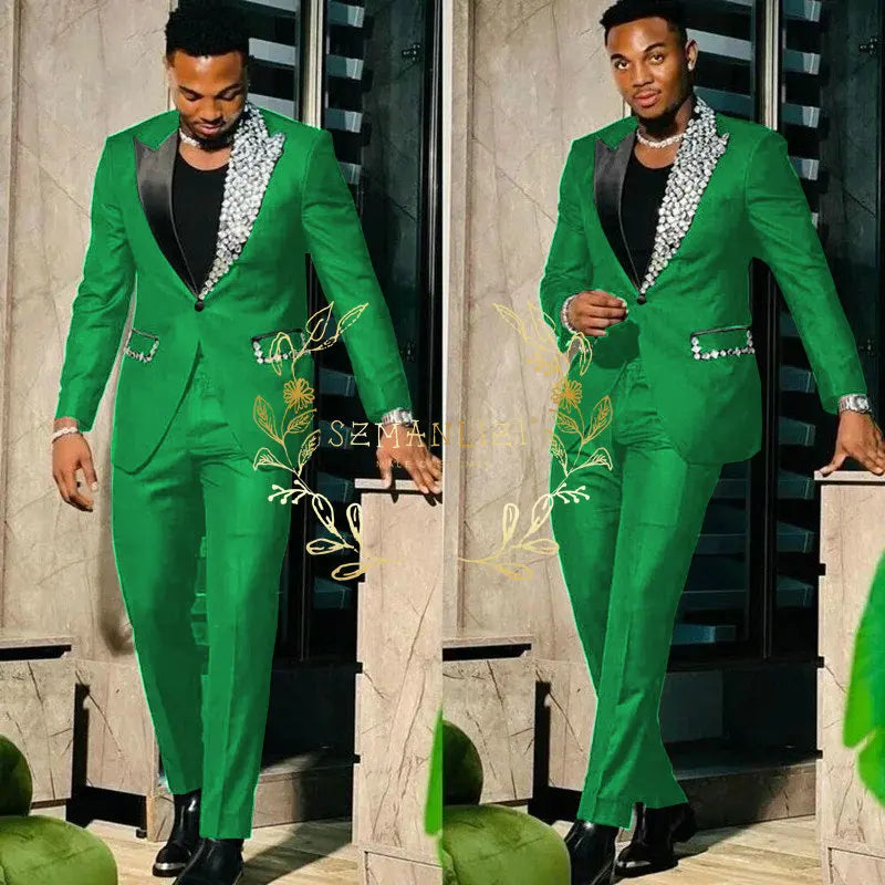 Black men's slim fit suit with single-breasted peak lapel blazer and matching pants, high-quality crystal details, ideal for prom or parties