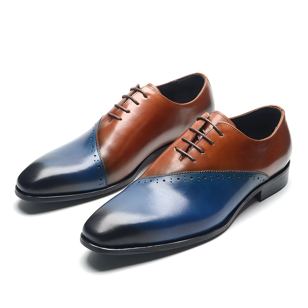 Men's brown and blue genuine leather wedding dress shoes with pointed toe, lace-up formal oxfords by Showlu Fashion Store.