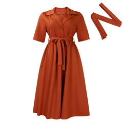 Women's plus Size Solid Color Summer Fashion Dress Short-Sleeved Suit Collar Strap Design 2024