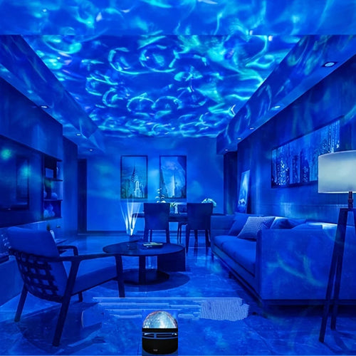 Star and galaxy projector with 7-color water wave patterns, ideal for bedroom night light and room decor.