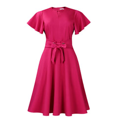 2025 Summer Fashion Solid Color Tie Waist Short Sleeve Dress Formal Midi Dress Going Out Outfits Elegant Women Clothing Style