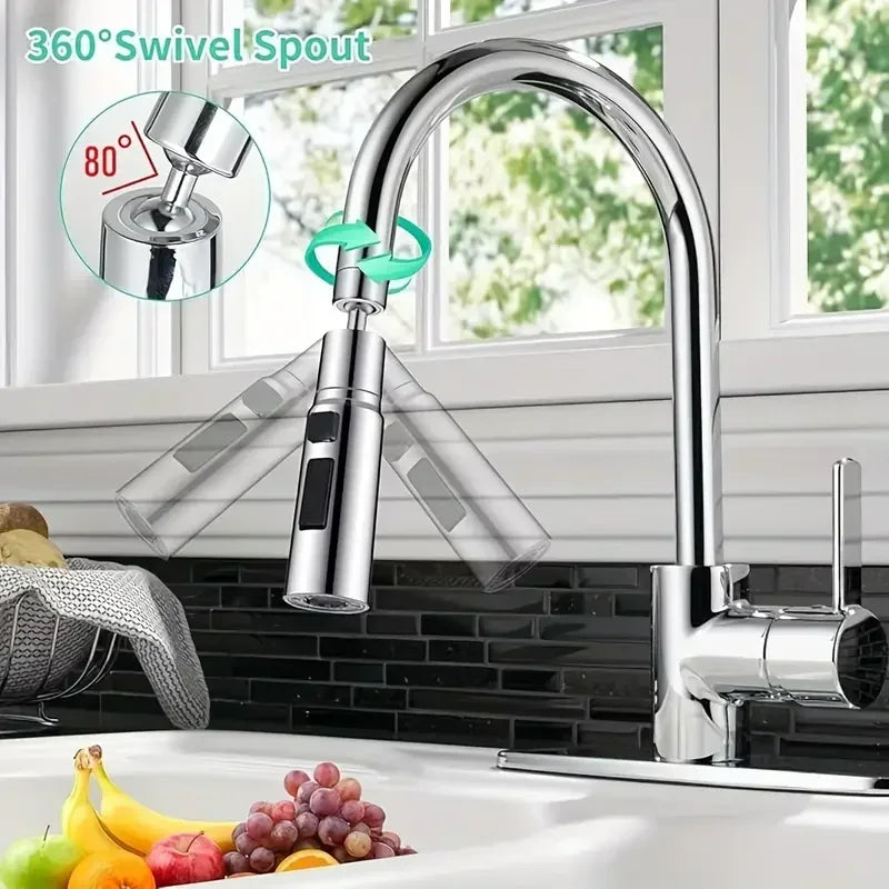 Showlu Universal Faucet Extender with 3-mode anti-splash metal sprayer attached to a kitchen sink faucet.