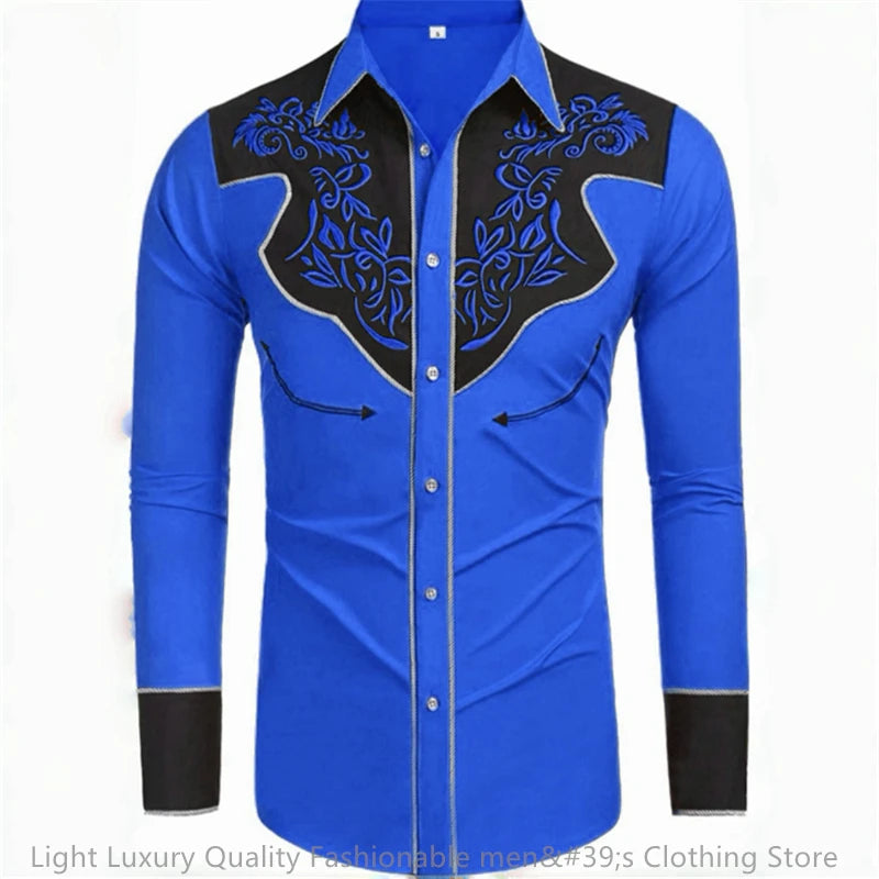 Men's long-sleeved retro western denim shirt by Showlu Fashion, loose fit, soft fabric, large size, casual style.