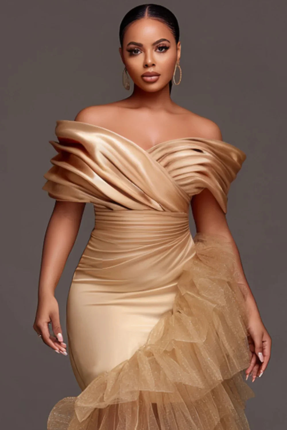 SHOWLU plus size champagne tulle off-the-shoulder satin midi dress with elegant design, suitable for formal occasions