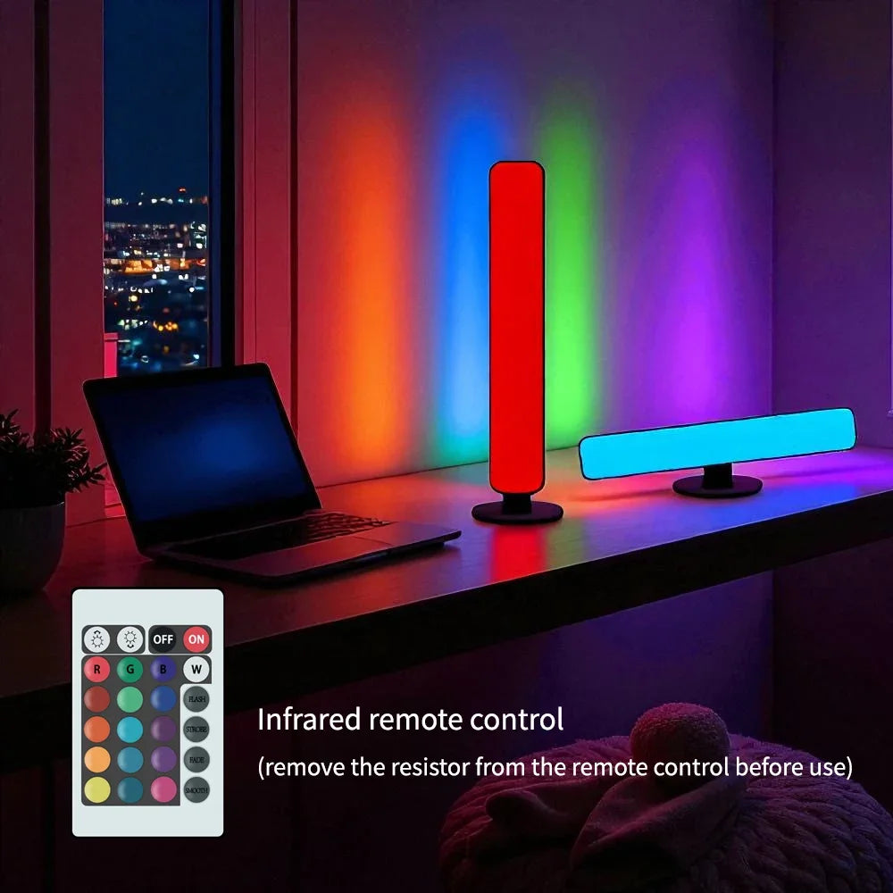 Showlu Smart RGB Atmosphere Night Light with remote control, displaying colorful lighting effects in a modern home setting.