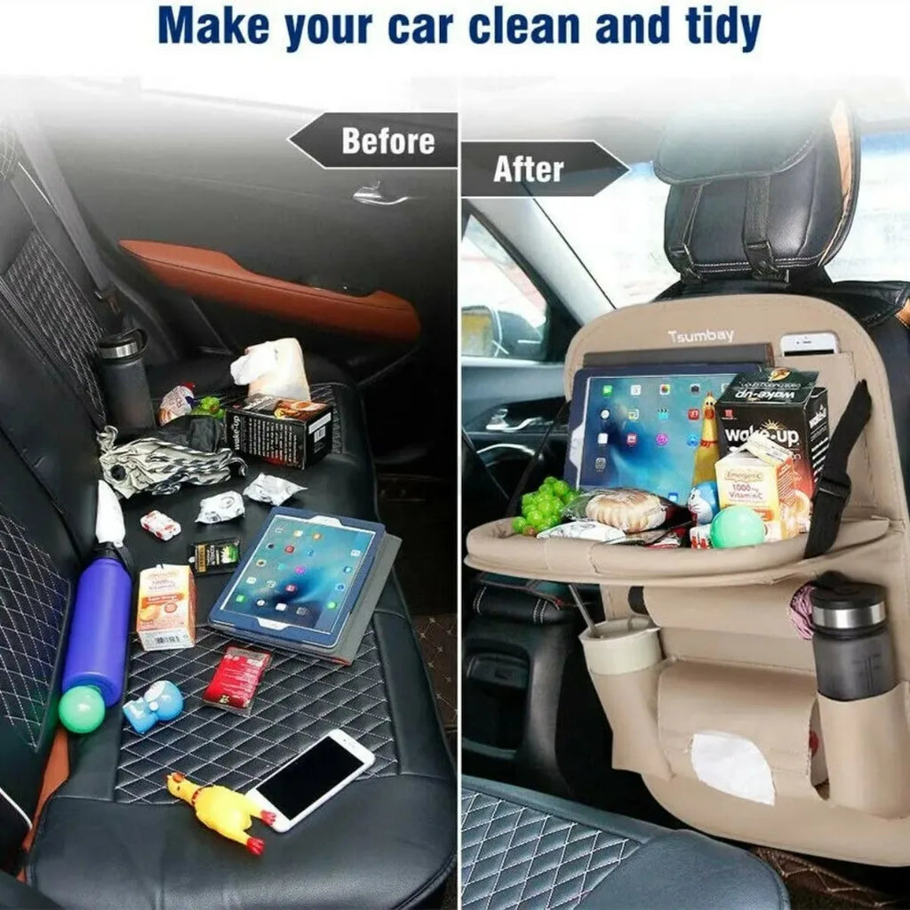 Showlu Smart General car seat organizer with tray showing multiple compartments for travel essentials and easy access.