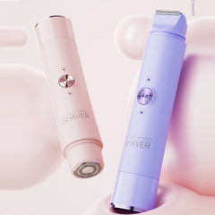 Two electric hair removers in pastel pink and purple stand upright against a soft pink background.