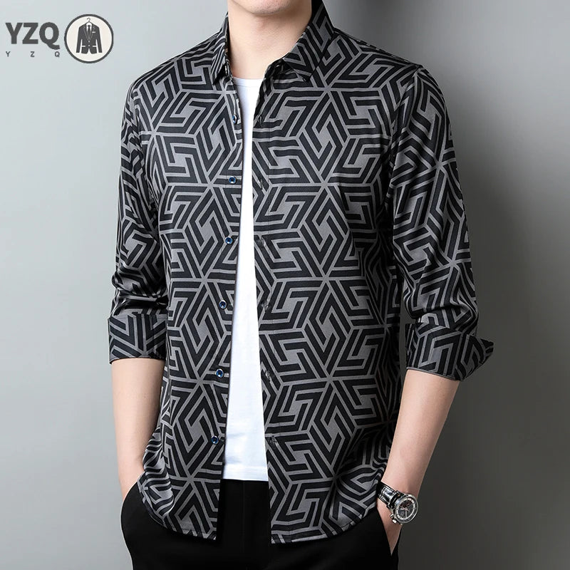 Men's casual printed long-sleeve lapel shirt by Showlu Fashion, comfortable wrinkle-free spring and autumn top without ironing.