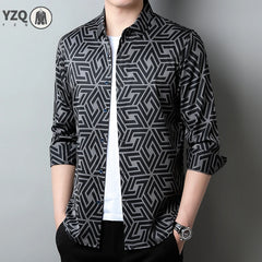 New Men's Casual Printed Long Sleeved Lapel Shirt for Spring and Autumn Fashion Comfortable Wrinkle Free Top Without Ironing