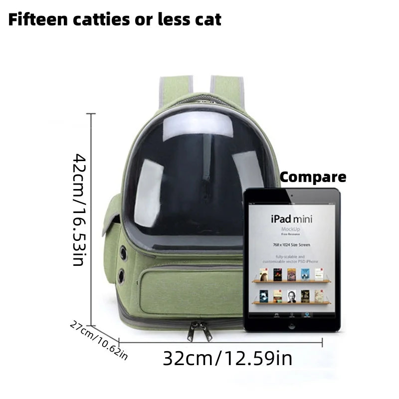 Breathable transparent cat carrier backpack by Booteely, showing a pet-friendly travel bag with mesh sides for airflow and visibility.