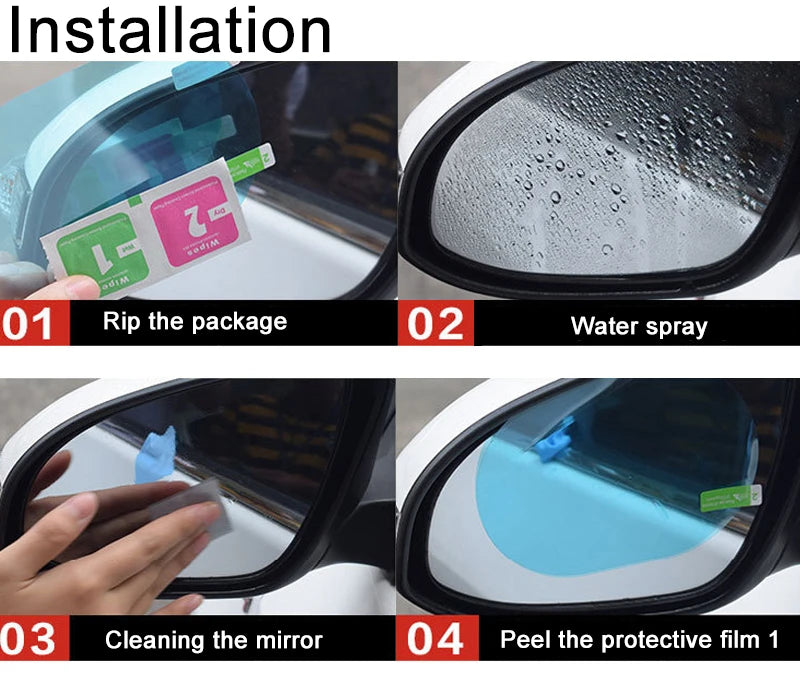 Showlu Smart General car rearview mirror anti-fog rainproof film set applied to a vehicle mirror, enhancing visibility in wet conditions.