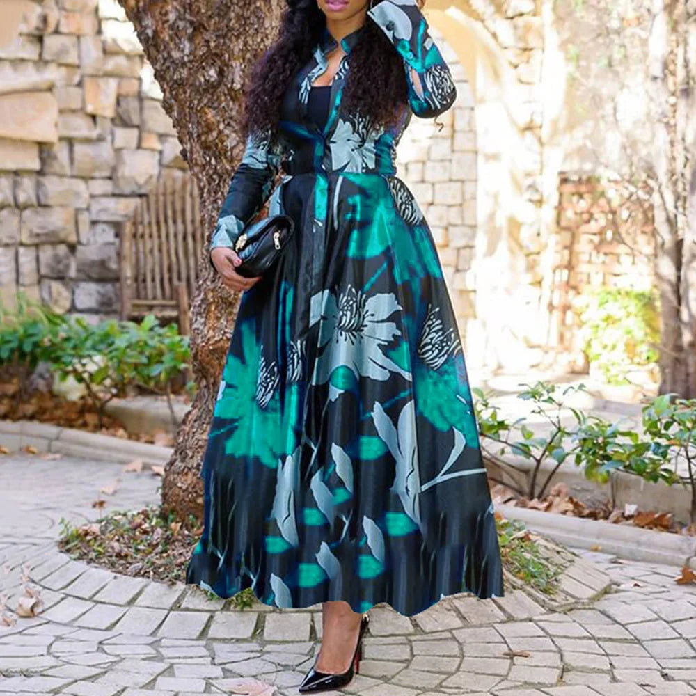 SHOWLU FASHION retro print maxi dress featuring a slim V-neck, long sleeves, and A-line silhouette for a stylish look.