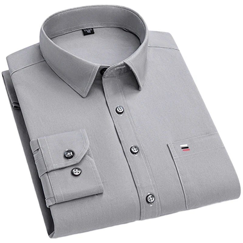Men's slim fit long sleeve shirt by Showlu Fashion, lightweight solid color casual and business shirt for spring and summer.