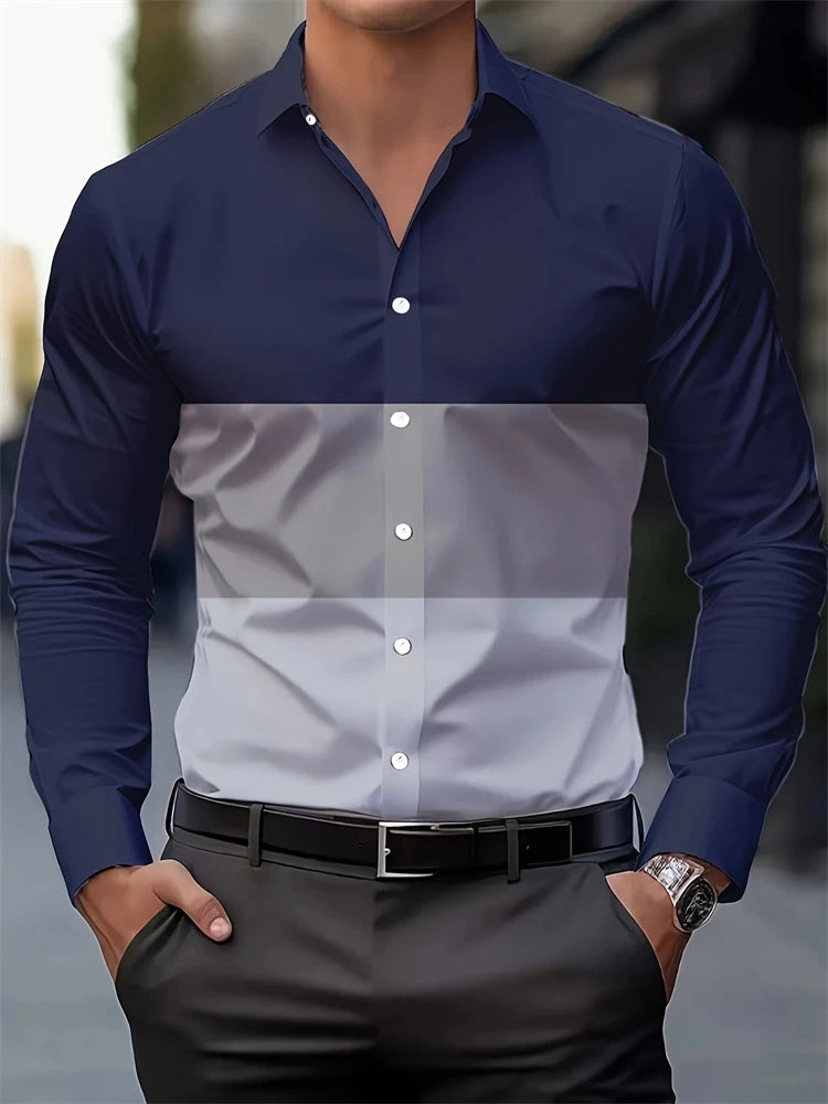 Multicolour striped men's long-sleeve casual shirt with buttons and lapel, made from comfortable polyester fabric.