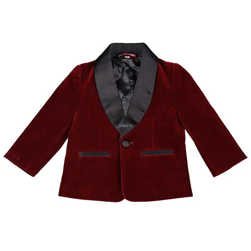 PsyMonster boys velvet blazer and pants suit in formal wedding tuxedo style, featuring a stylish, dark-colored velvet fabric.