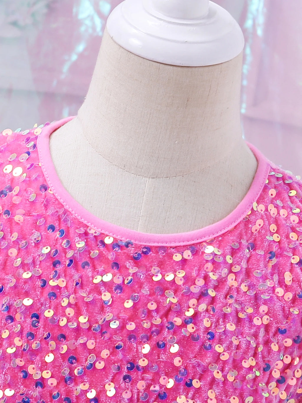 Pink sequined girls' round-neck ceremonial dress by Showlu Fashion Store, stylish spring-autumn kids' special occasion outfit.