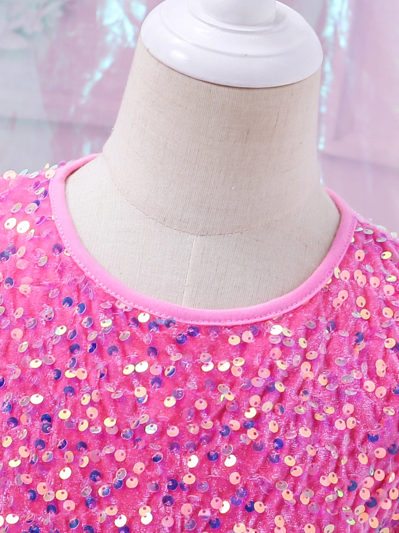 Pink sequined girls' round-neck ceremonial dress by Showlu Fashion Store, stylish spring-autumn kids' special occasion outfit.