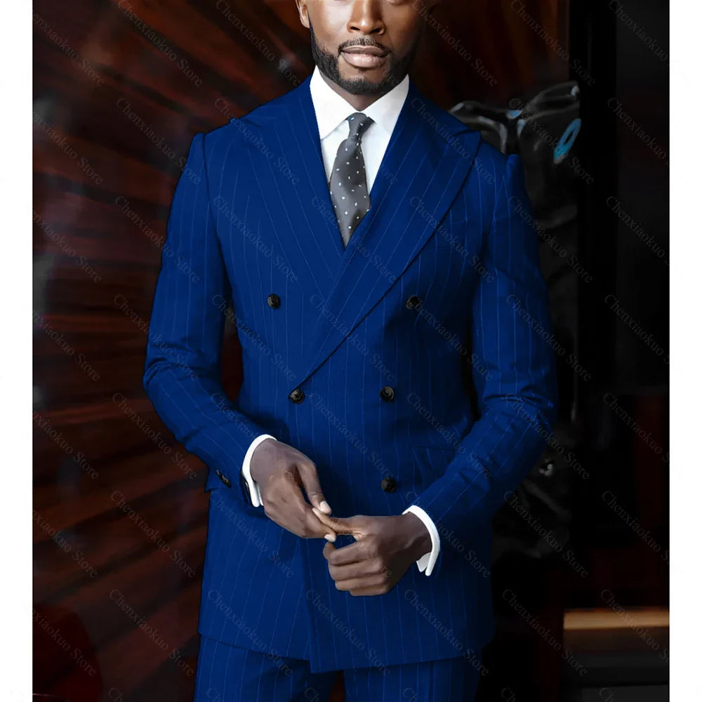 Blue pinstripe men's suit by SHOWLU FASHION, double-breasted 2-piece slim fit suit with notch lapel and tailored design.