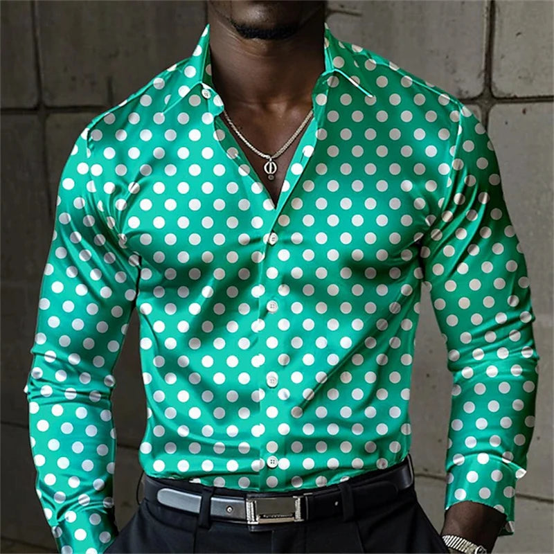 Showlu men's 3D spotted print long sleeve shirt featuring an elegant casual design, with a stylish pattern and comfortable fit.