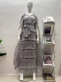 Women's EGRM Miyake Pleated Cake Dress with loose fit, sleeveless design and V-neck, stylish gown for elegant occasions.