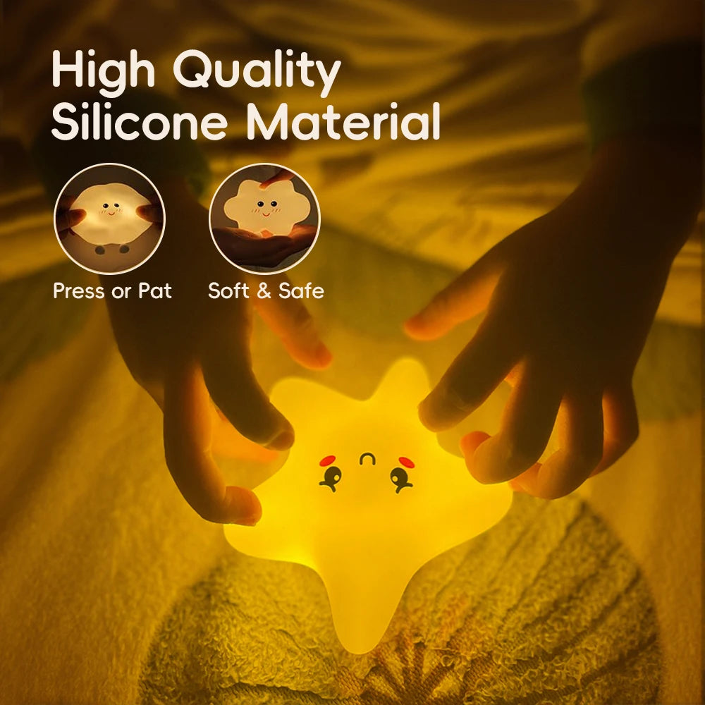 Star-shaped silicone LED night light by Showlu Smart General, glowing softly with a colorful, child-friendly design.
