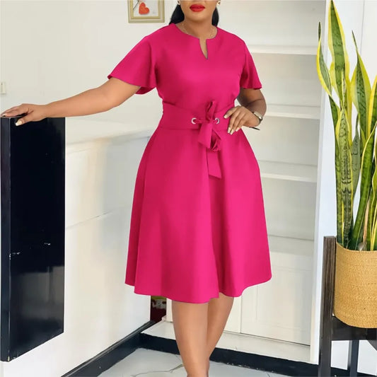 2025 Summer Fashion Solid Color Tie Waist Short Sleeve Dress Formal Midi Dress Going Out Outfits Elegant Women Clothing Style
