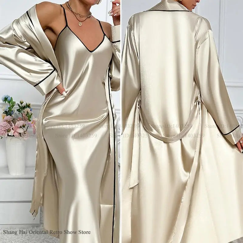 Silk satin long twinset robe and chemise nightgown for women, summer sleepwear, loose lounge wear, showlu fashion