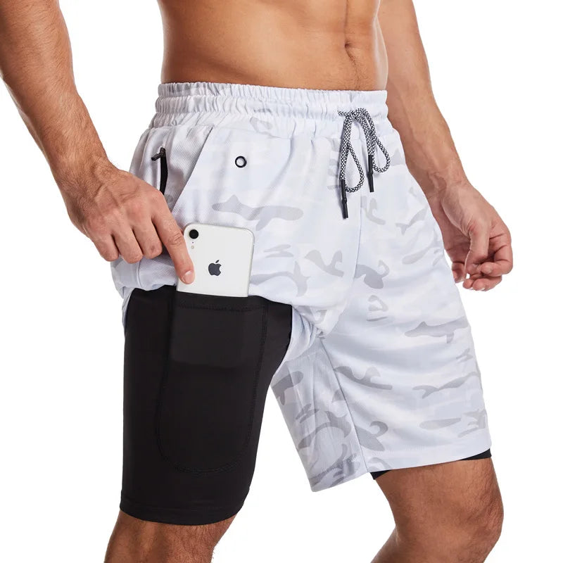 Men's camo running shorts by Showlu Fashion, 2-in-1 quick-dry gym and workout shorts, ideal for jogging and summer fitness activities.